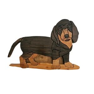 Handmade Wooden Dachshund Intarsia Wall Art Black Tan Wiener Dog Decor 20in
